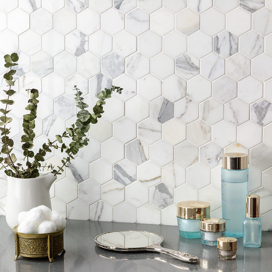 Marble & Natural Stone small hexagon tile used on bathroom wall