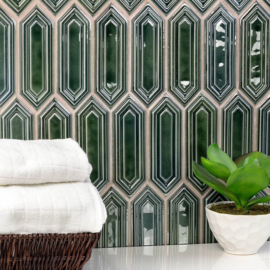 3D Nabi Hexagon Ceramic Tile in gem-tone emerald green used on wall