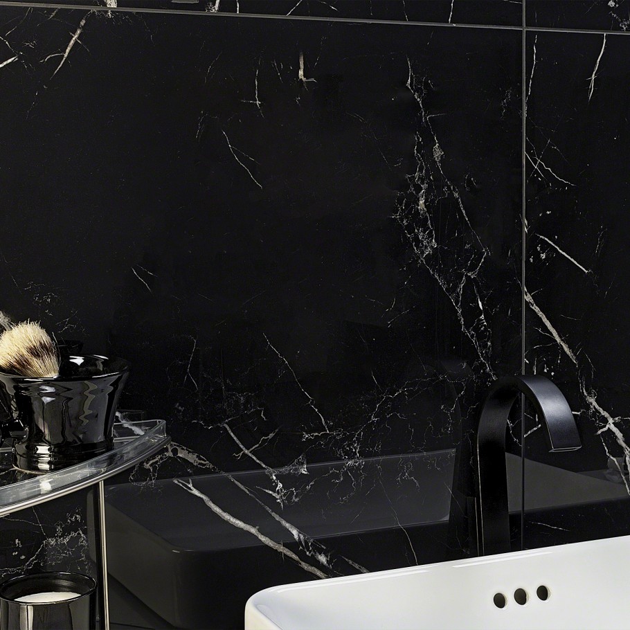 Marble Tech Port Laurent's striking black marble-look tile used in bathroom as wall backsplash