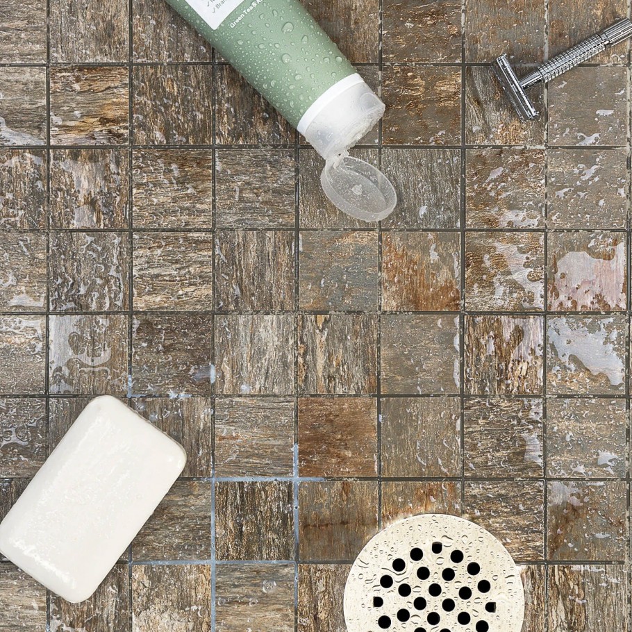 2x2 matte, porcelain tile that mimics the rugged-to-the-touch feel you'd expect from real wood used on shower floor