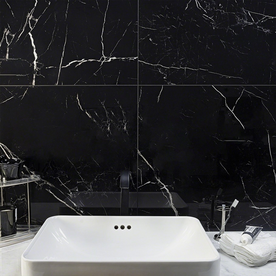 Marble Tech Port Laurent 24x24 Polished Nero Marquina Look Porcelain Tile