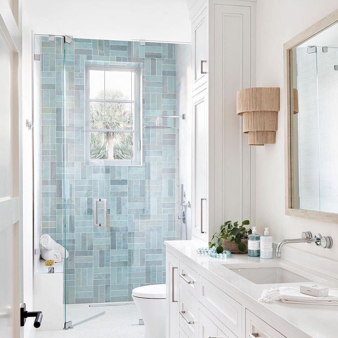 Portmore Aqua 3x8 Glazed Ceramic Tile used in shower some tiles are horizontal and some are vertical to create a pattern 
