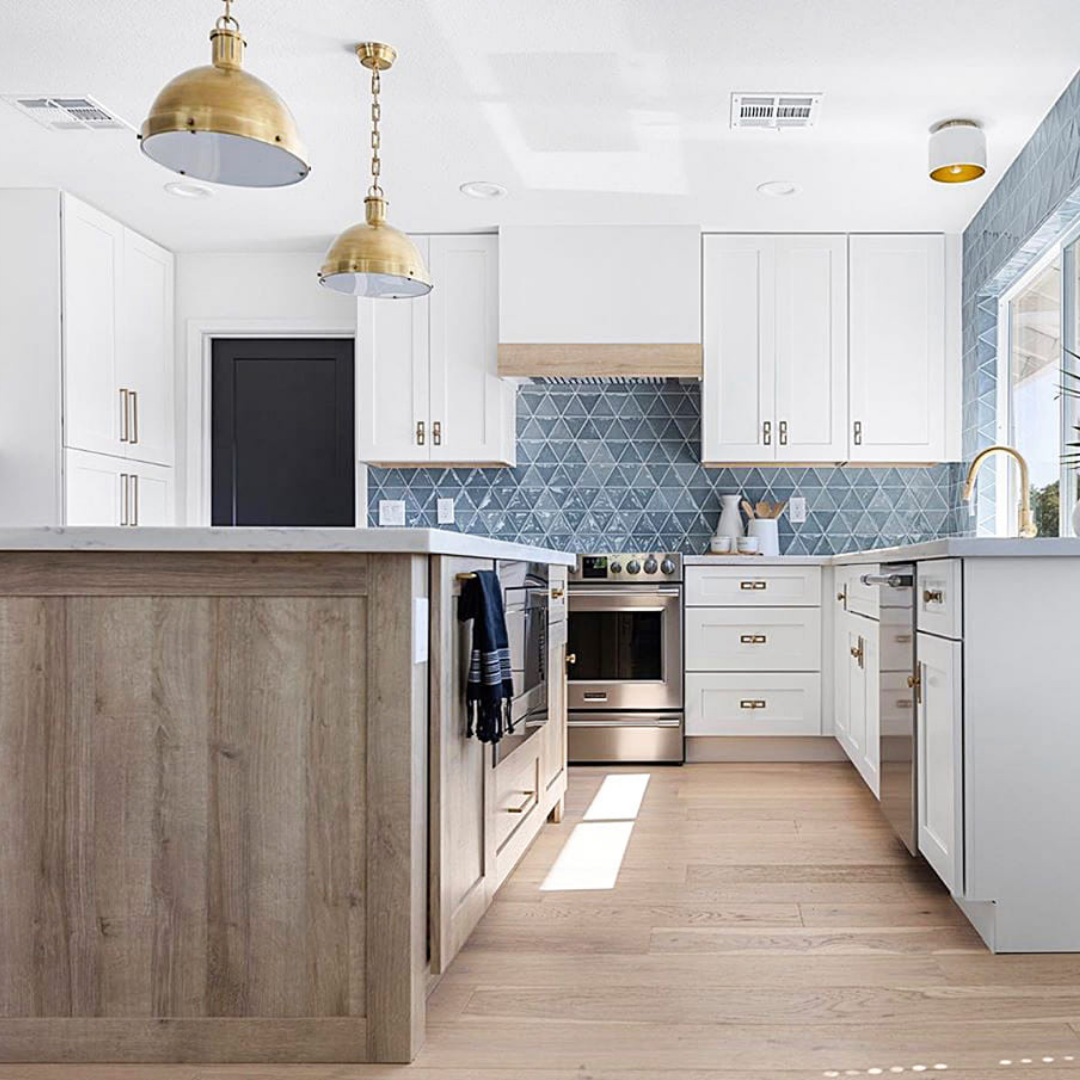 Bellami Triangulo Azul Zucchero 5x4 Glossy Ceramic Tile on kitchen wall above counter tops and as backsplash behind stove