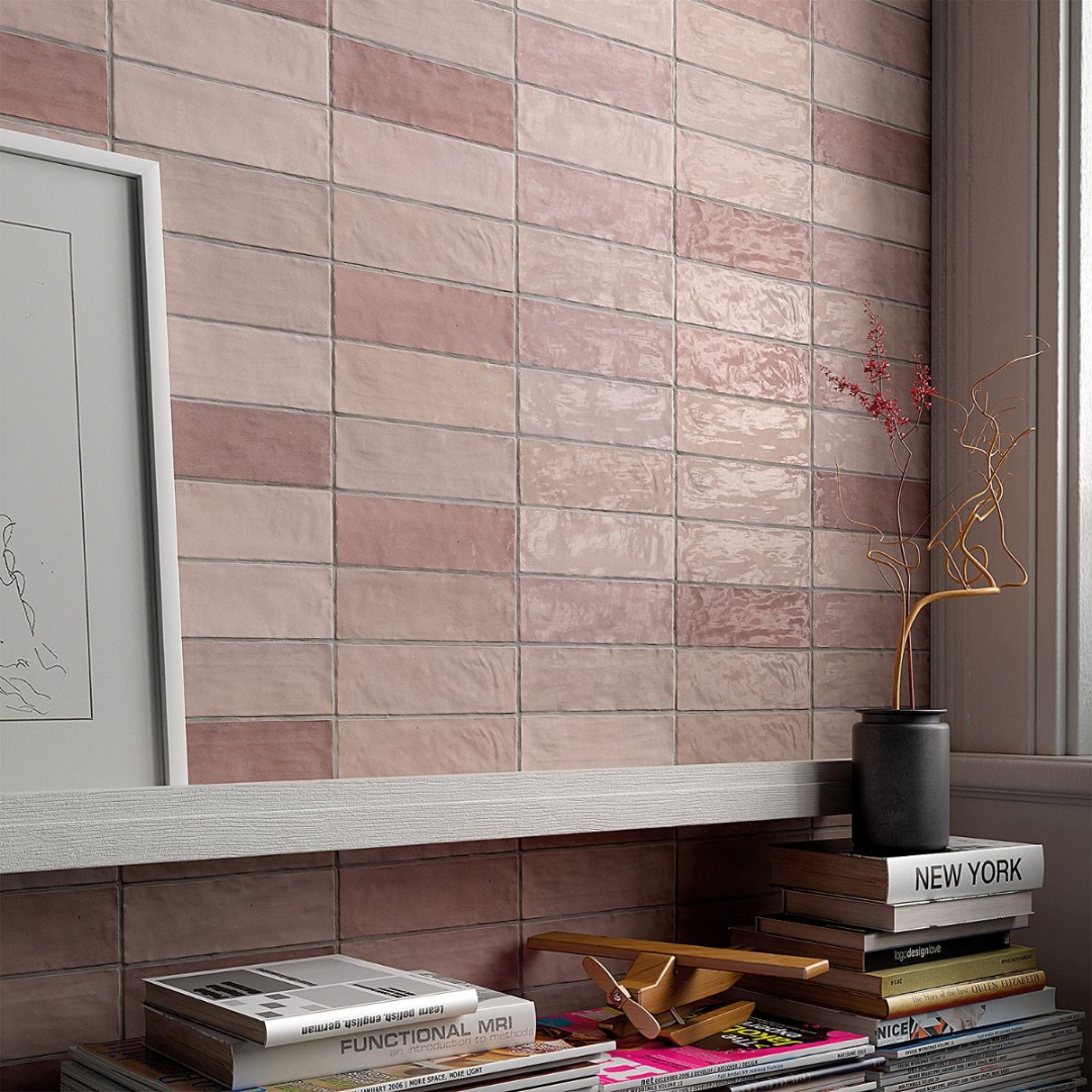 Portmore Pink 3x8 Glazed Ceramic Wall Tile shown in a study setting or home office on the wall 