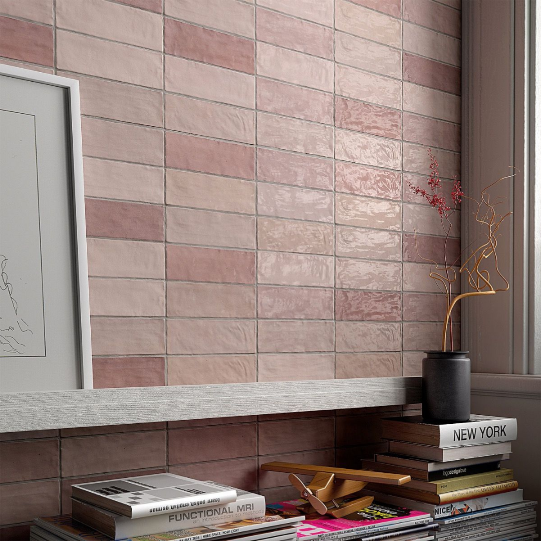 Portmore Pink 3x8 Glazed Ceramic Wall Tile shown in a study setting or home office on the wall