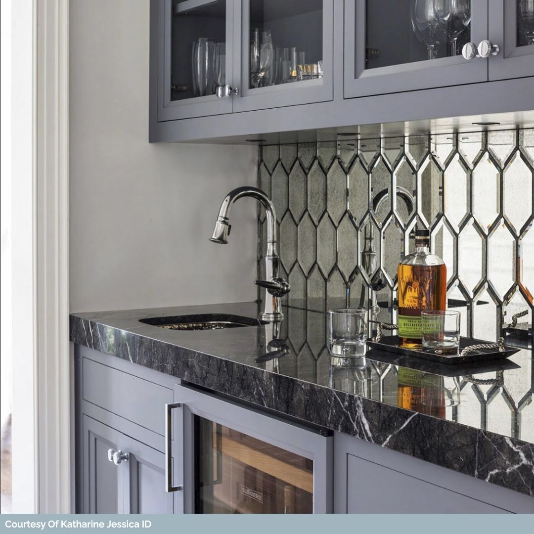 Beveled Paris Gray Hexagon Antique Mirror Tile used in kitchen above counter top as a backsplash.