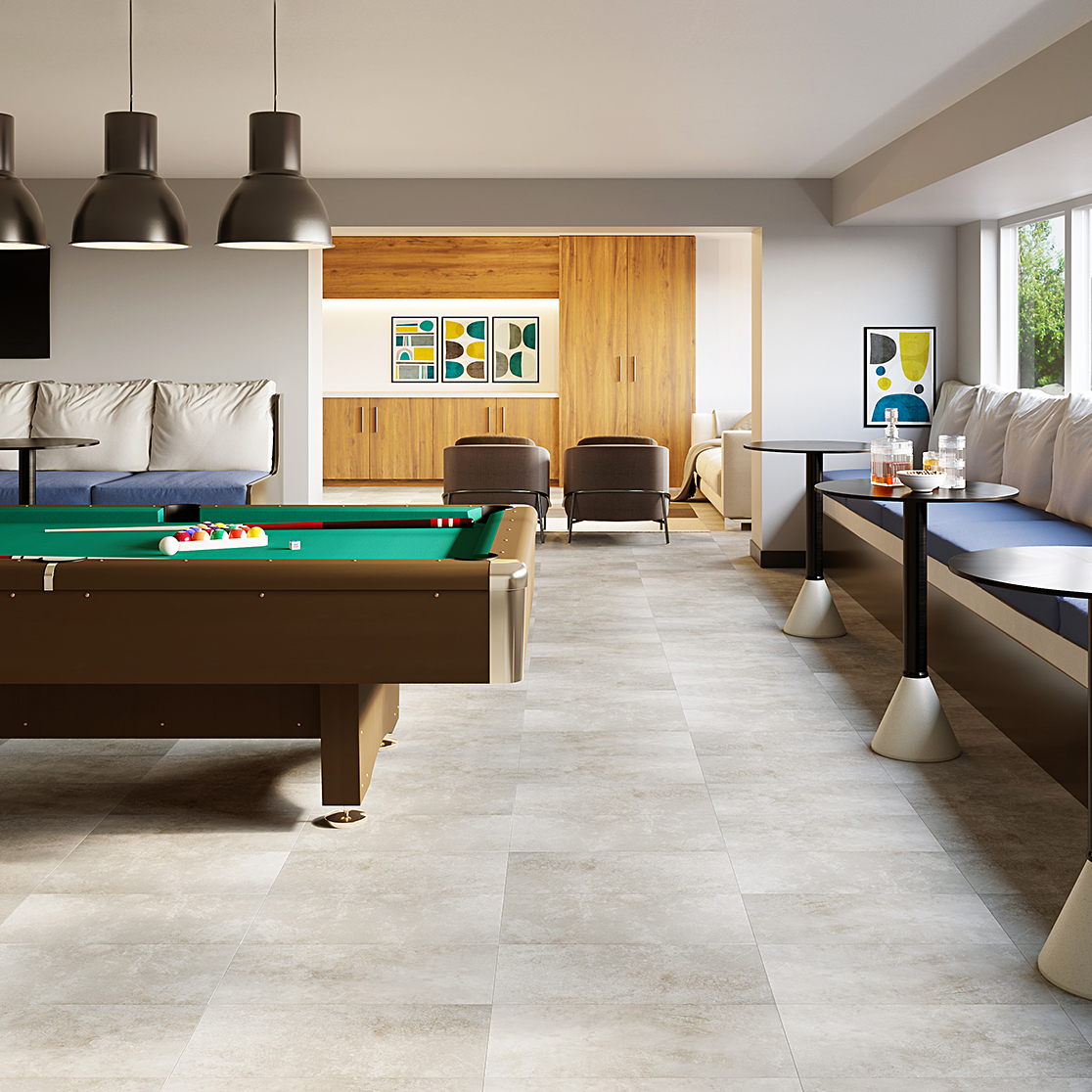 Tilebar stone-look room with large grey floor tiles 