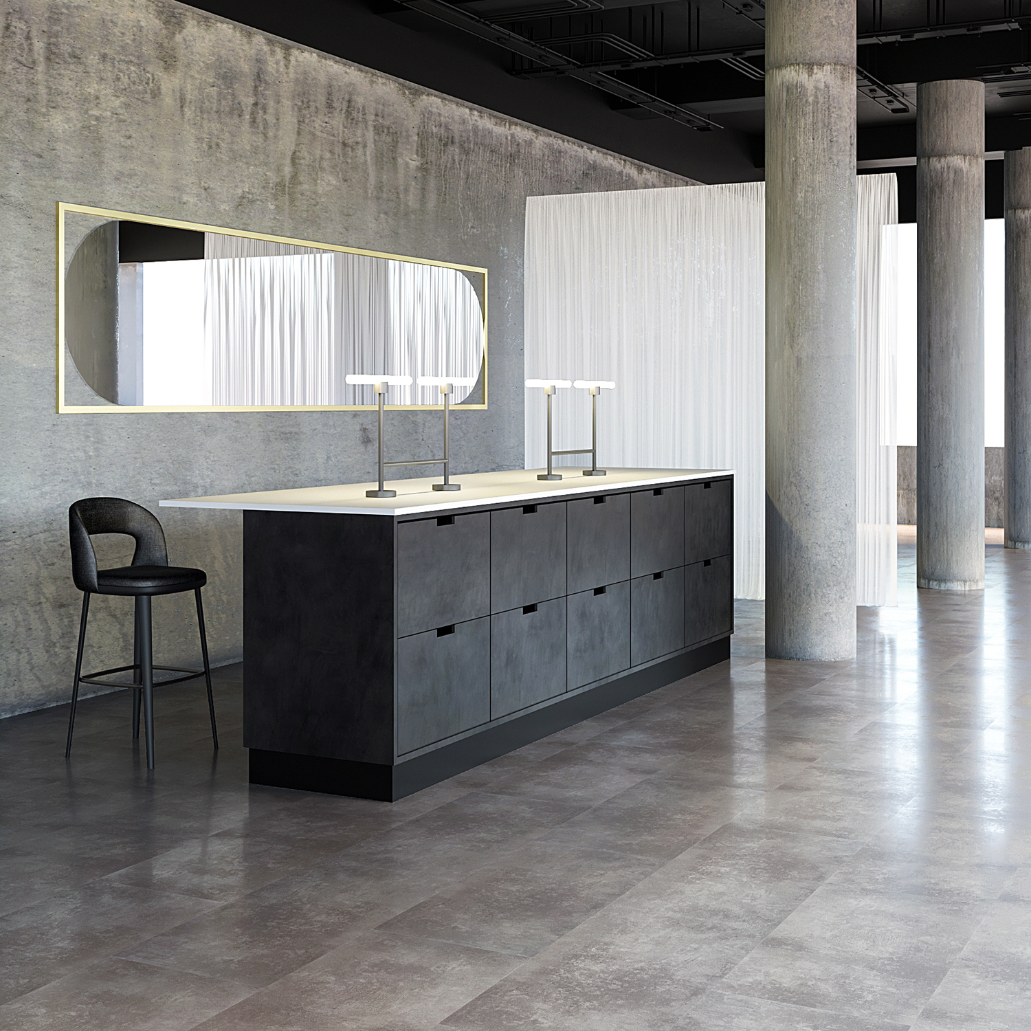 Concrete look floor and wall tiles in modern setting