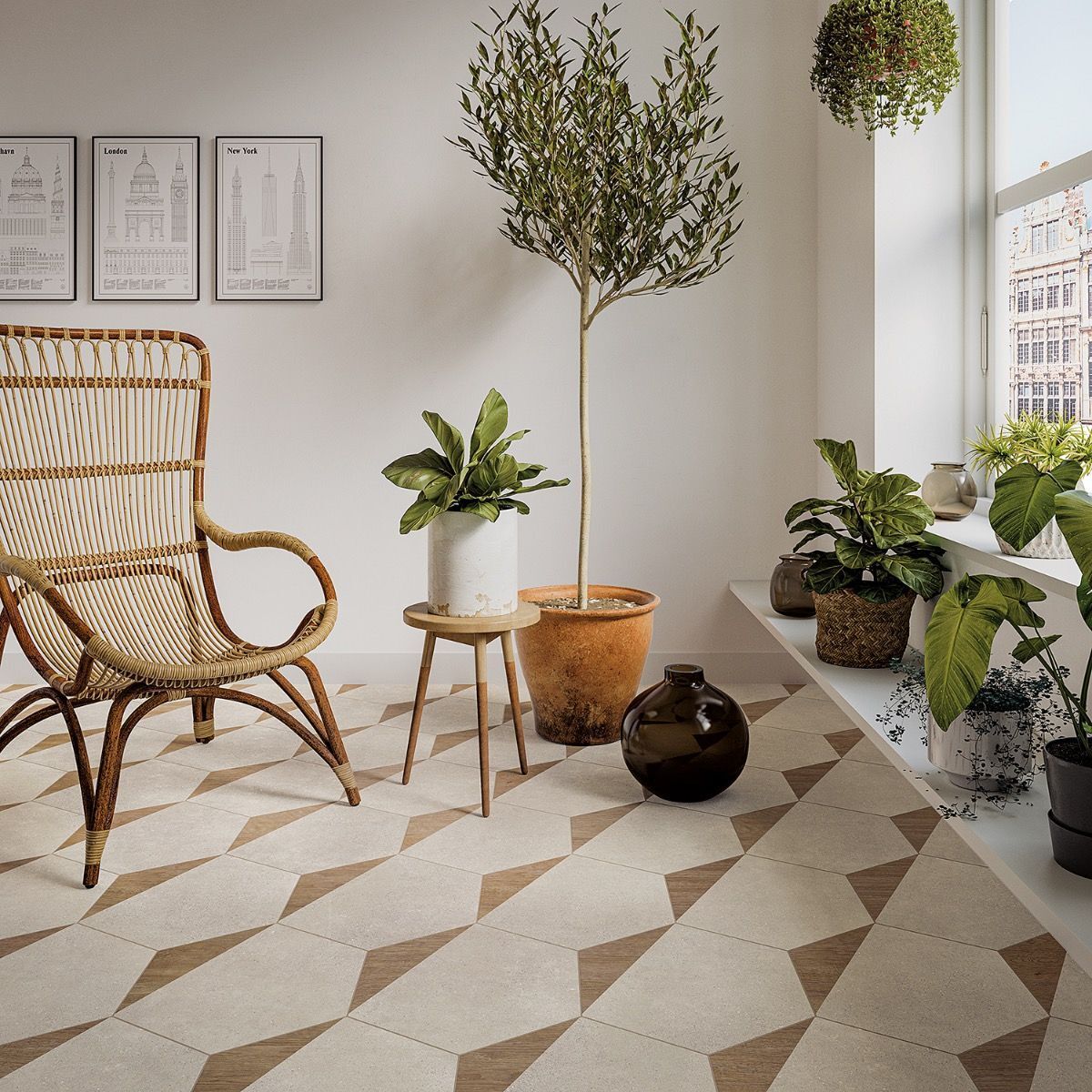 Pergola Wood Taupe Hex Matte Porcelain Tile 12.5 inch for small spaces.