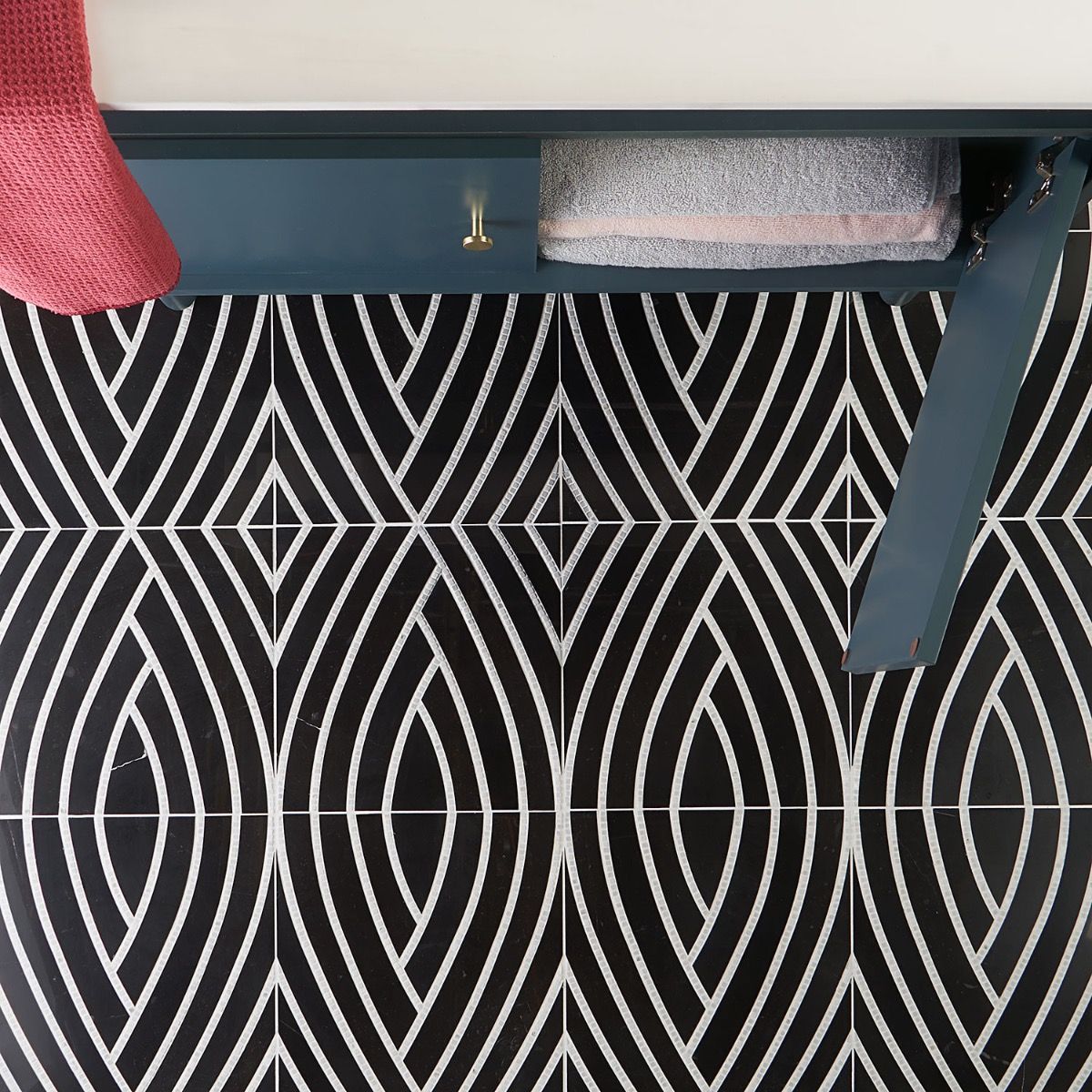 The New Palm Beach by Krista Watterworth Leaf Black Polished Marble Mosaic Tile