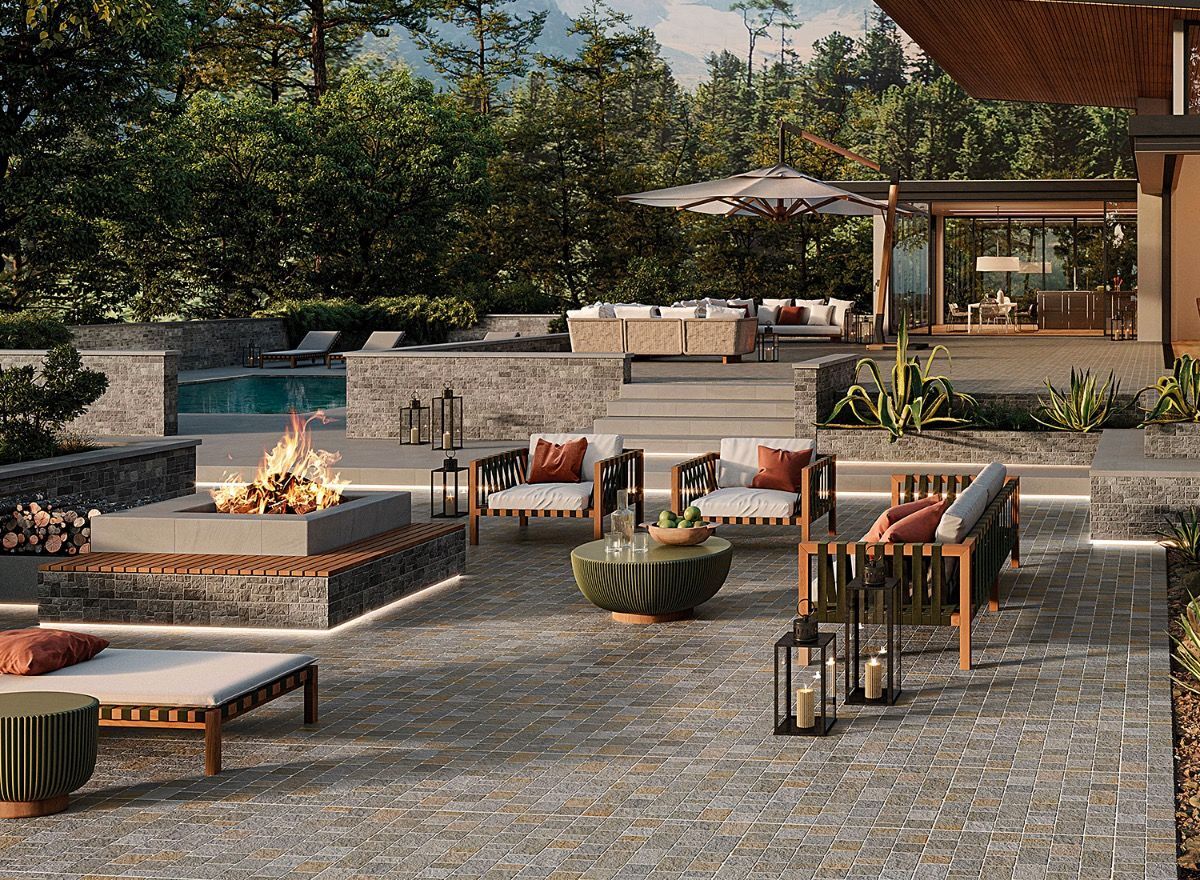 Montrose Outdoor Porcelain Paver shown outside in seating area and on short walls