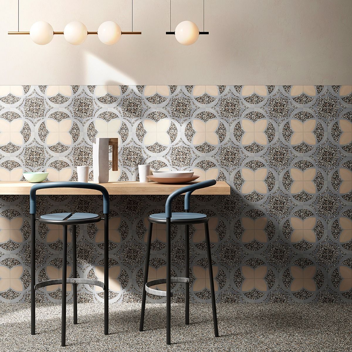 Chips Fleur De Lis Nero Blue 8x8 Matte Porcelain Tile on the wall in a restaurant scene