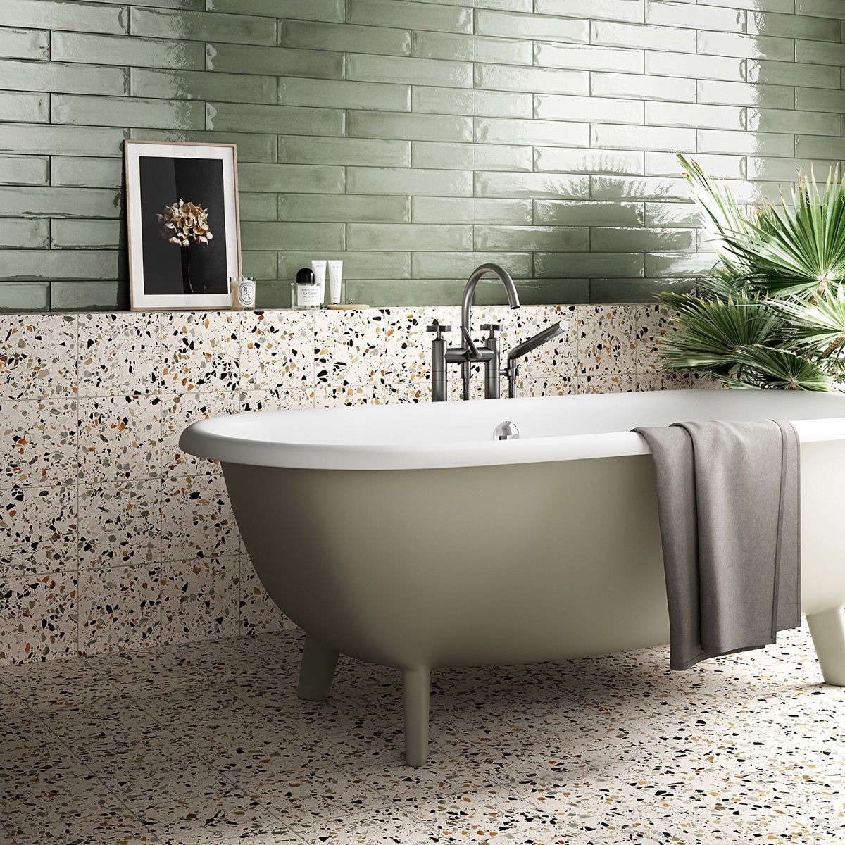 Chips Macro Bianco 8x8 Matte Porcelain Tile used in the bathroom on the floor and up to waist height
