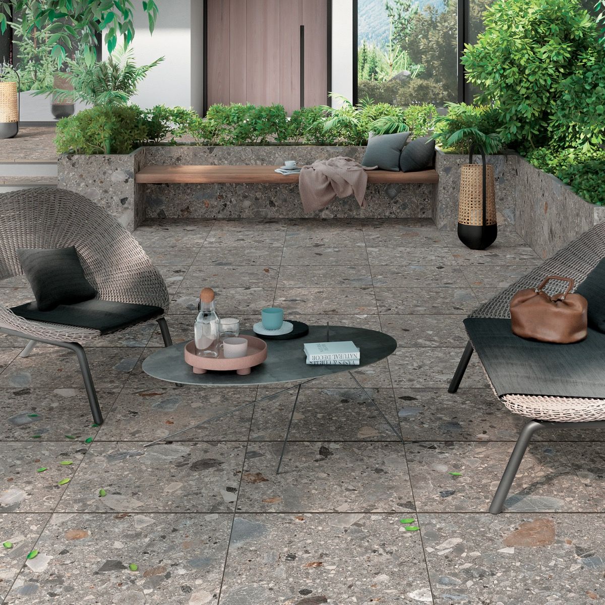 Rizo 2.0 Earth Matte 24x24 Porcelain Tile outside patio area used on the floor and wall up to knee height