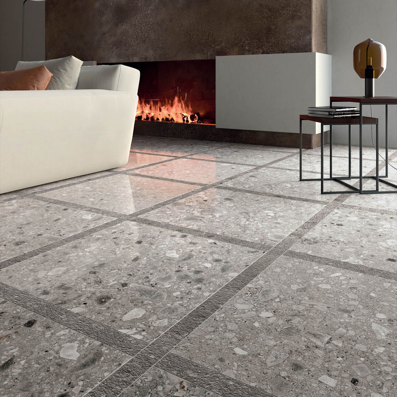 Rizo Cenere 24x24 Terrazzo Look Porcelain Tile used in Livingroom floor