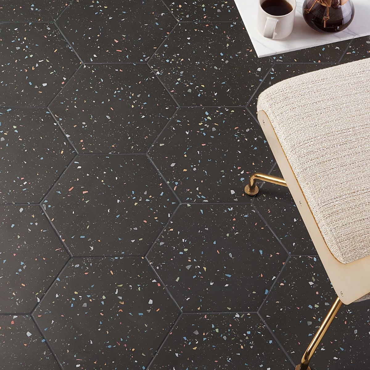 Six Hexagon Charcoal Graphite 12.5" Matte Porcelain Tile shown as a floor example
