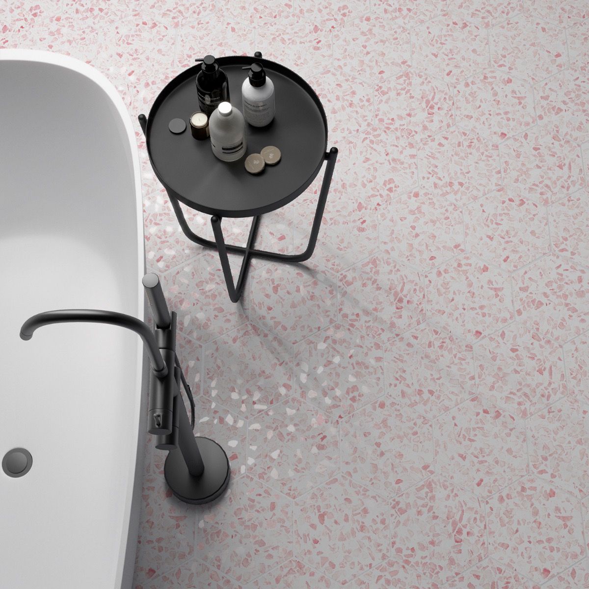 Six Hexagon Charcoal Graphite 12.5" Matte Porcelain Tile used on bathroom floor