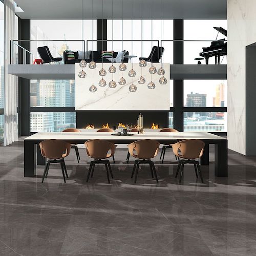 TileBarXL Marmi Slim Stone Grey 60"x120" Polished Porcelain Slab used on dining room floor