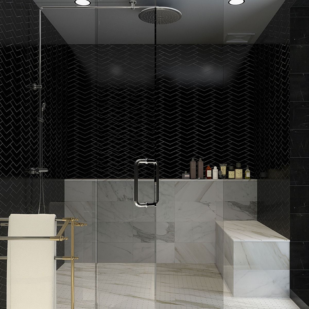 Palm Beach Black Polished Marble Mosaic Tile in in bathroom