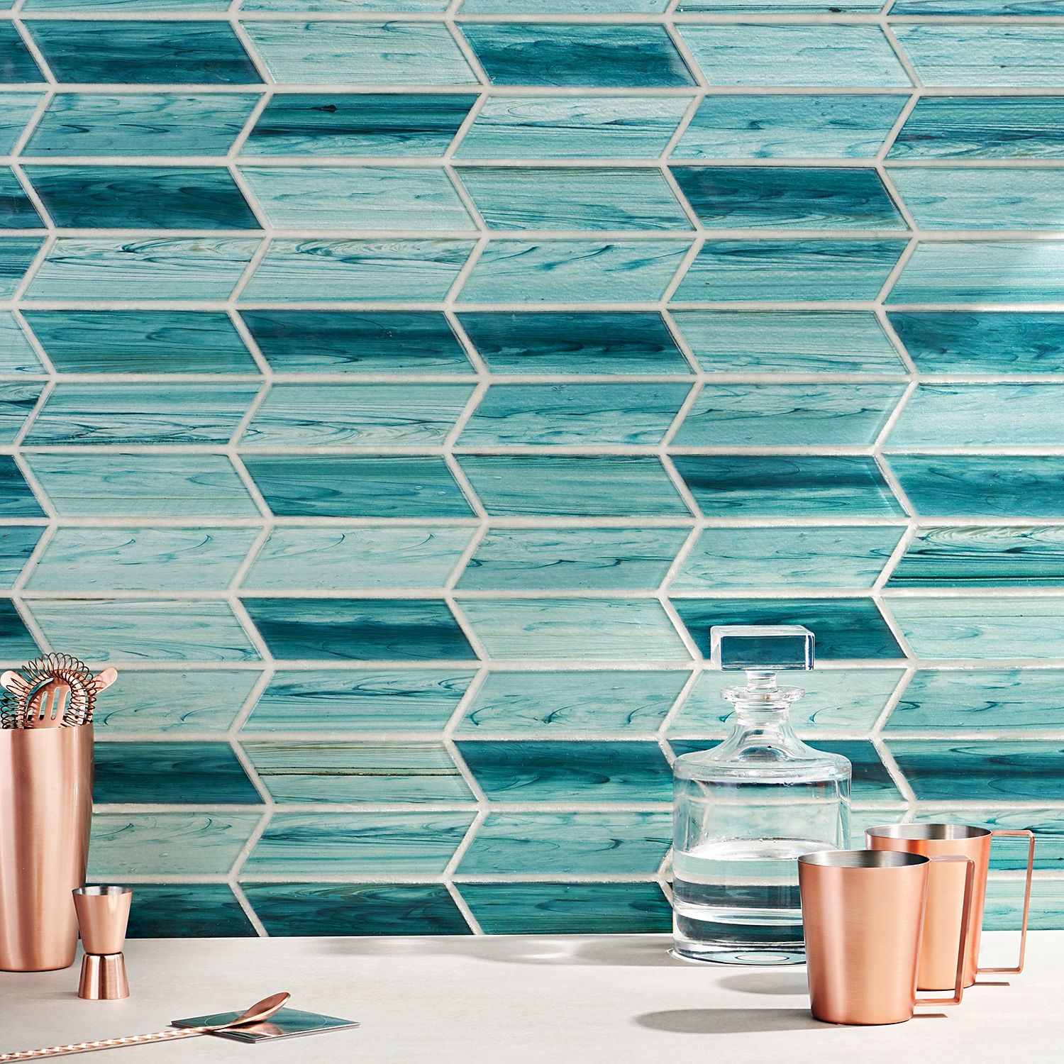 Maya Chevron Teal Polished Glass Mosaic Tile