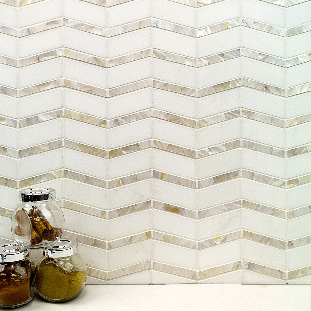 Alerion Thassos Marble and Mother of Pearl Chevron Polished Mosaic Tile
