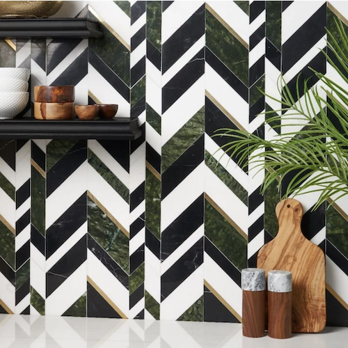 Amari Verde Green Jade Polished Marble and Brass Chevron Mosaic Tile