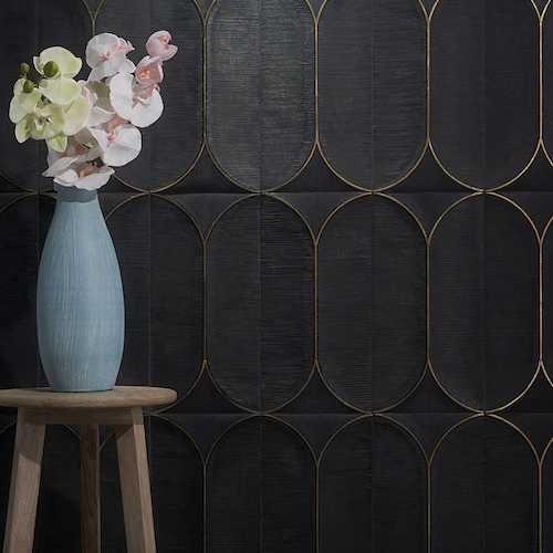 Calypso 3D Carved Black Nero Brass Inlay 8x16 Honed Marble Limestone Tile
