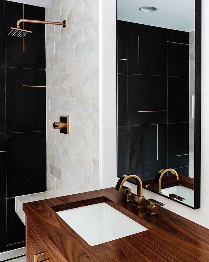 Featured Tiles: Lines Brass Inlay Black Porcelain Tile and Calacatta Gold Marble Subway Tile