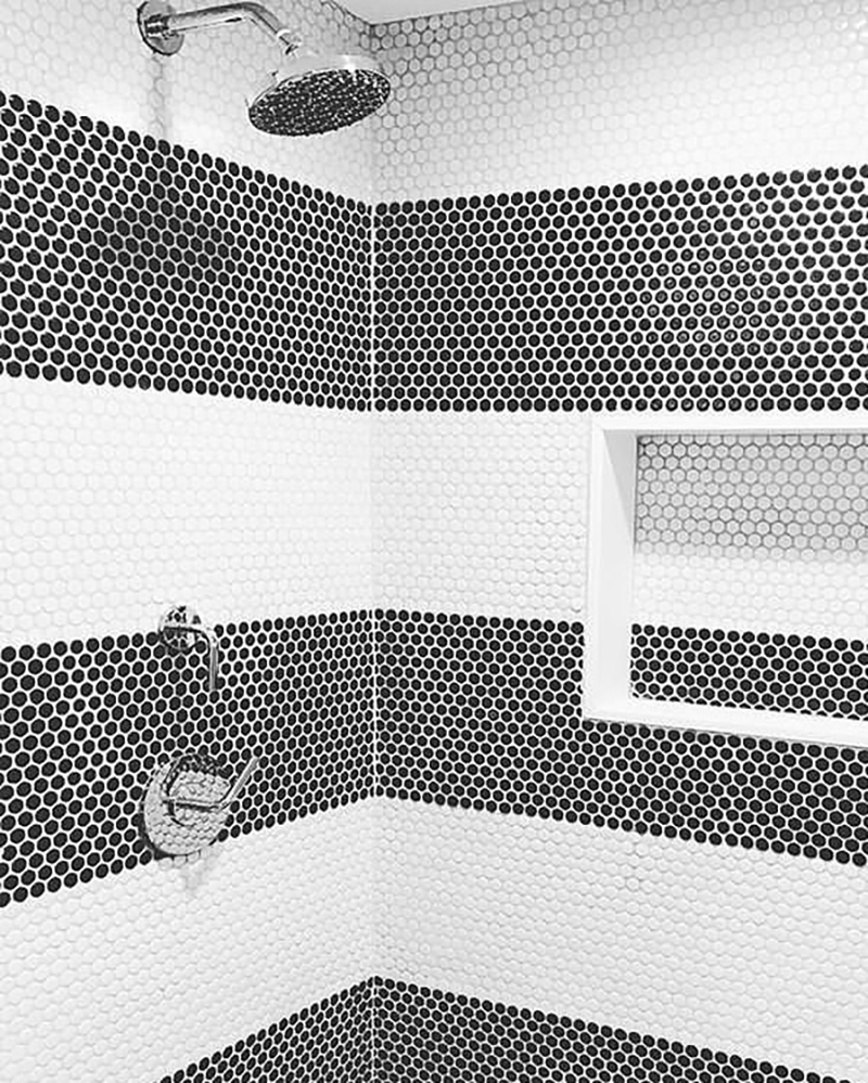 Featured Tiles: Eden 2.0 White 1" Hexagon and Eden 2.0 Pavement Rimmed 1" Hexagon