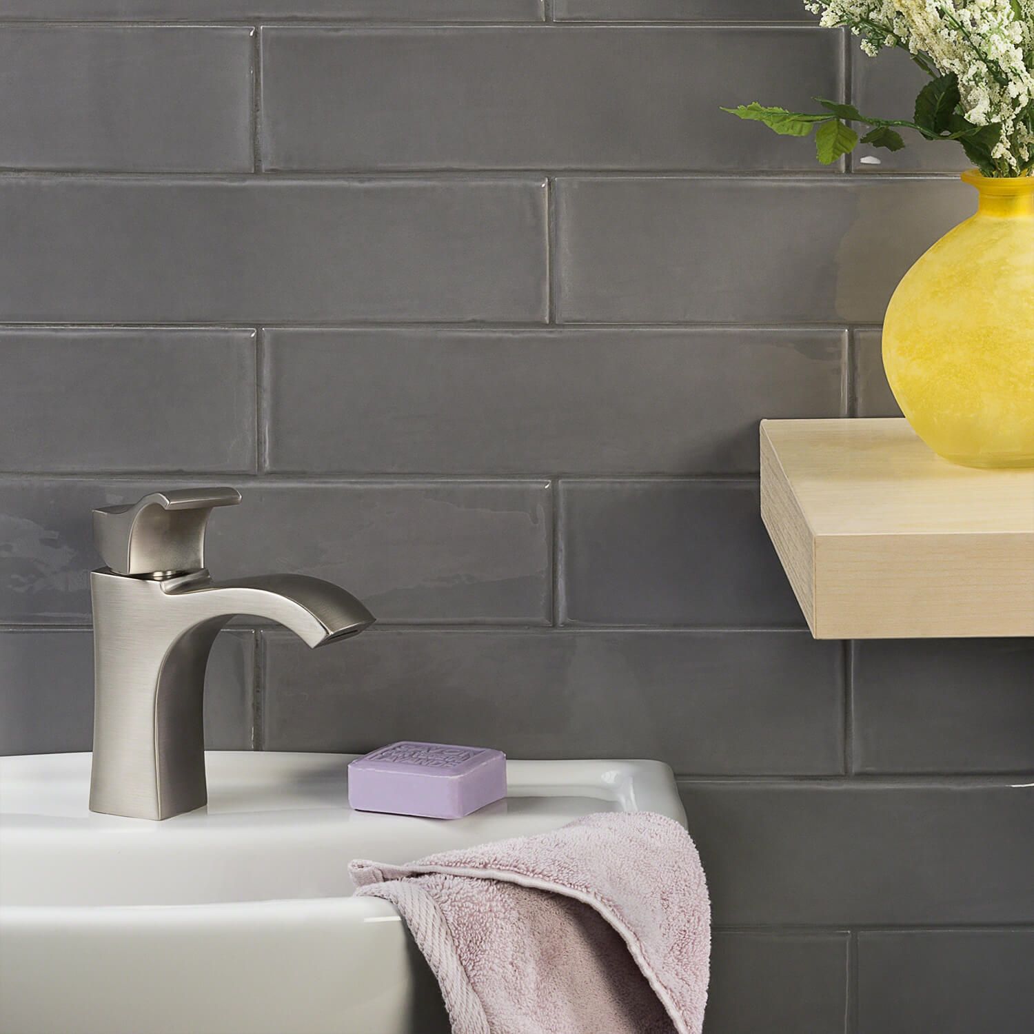 Manchester Charcoal Gray 3x12 Subway Glazed Ceramic Wall Tile - what color goes with beige bathroom tiles?