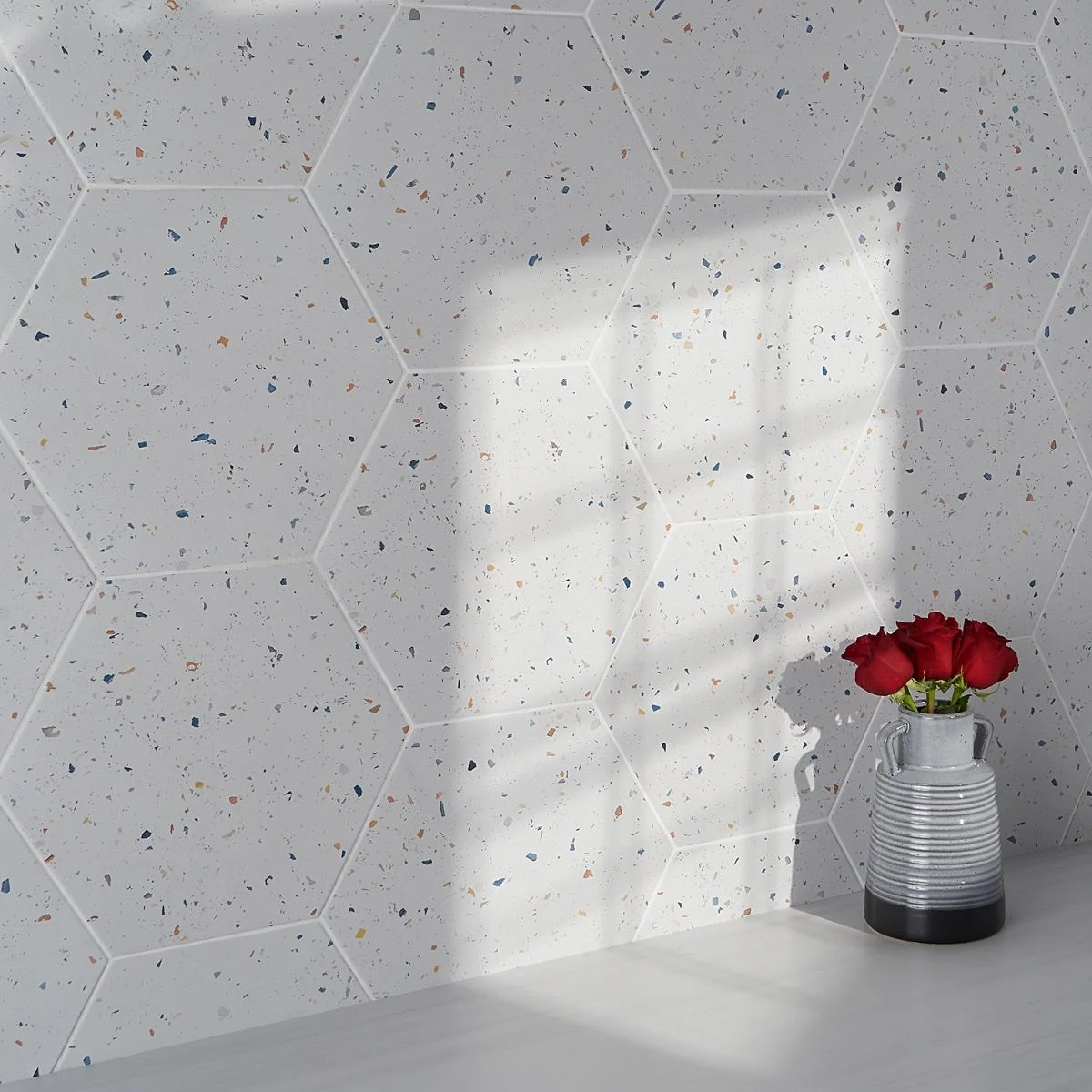 Six Hexagon Multi White Terrazzo Look Matte Porcelain Tile - Terrazzo