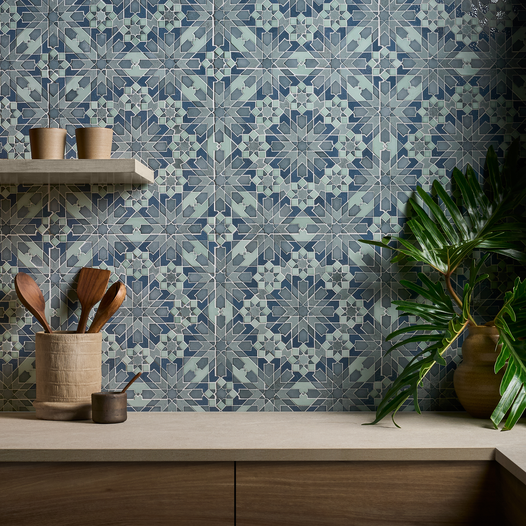 Mixed material backsplash tile
